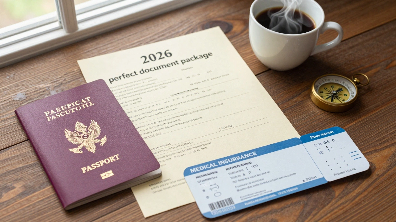 Комплект документов для визы в Европу: паспорт, выписки из банка и авиабилеты на столе