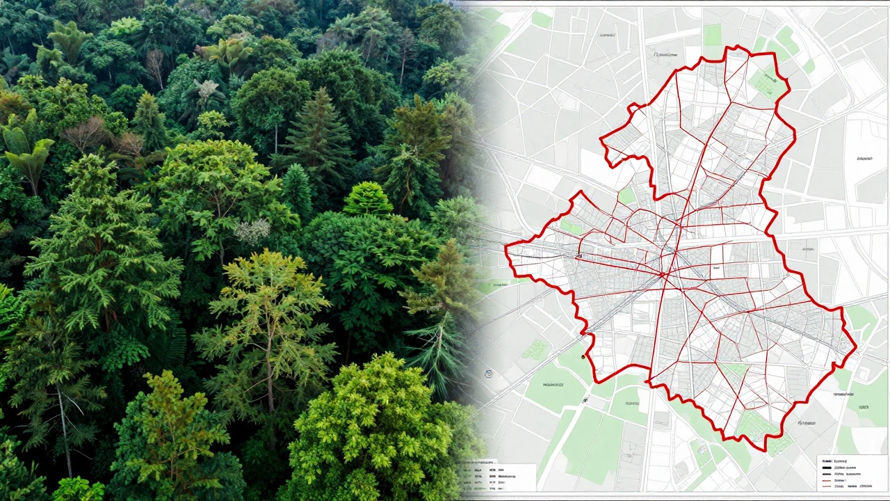 Контраст дикого леса и цифровой кадастровой карты с границами участков