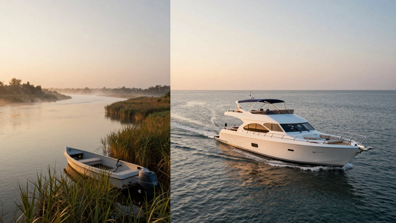 Контраст между маленькой лодкой в камышах и прогулочным катером в открытом море