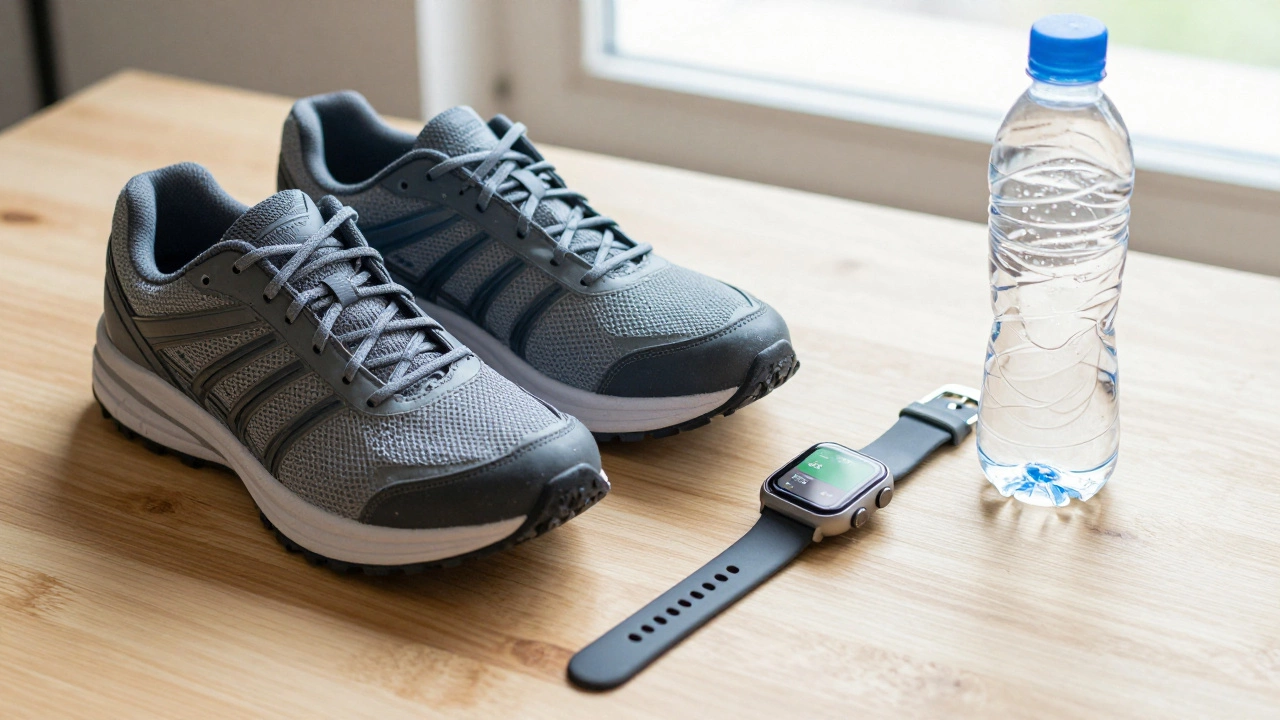 Кроссовки для ходьбы, смарт-часы и бутылка воды на столе