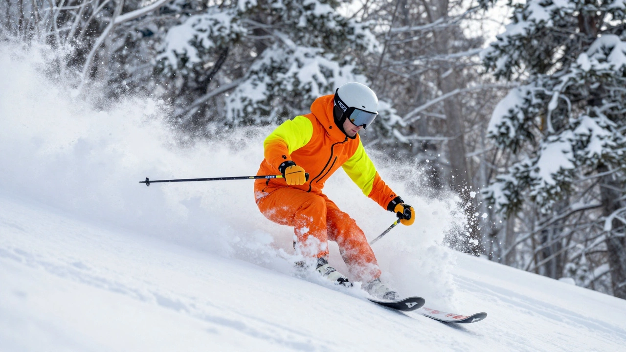 Лыжник едет сквозь глубокий пухляковый снег в лесах Хоккайдо
