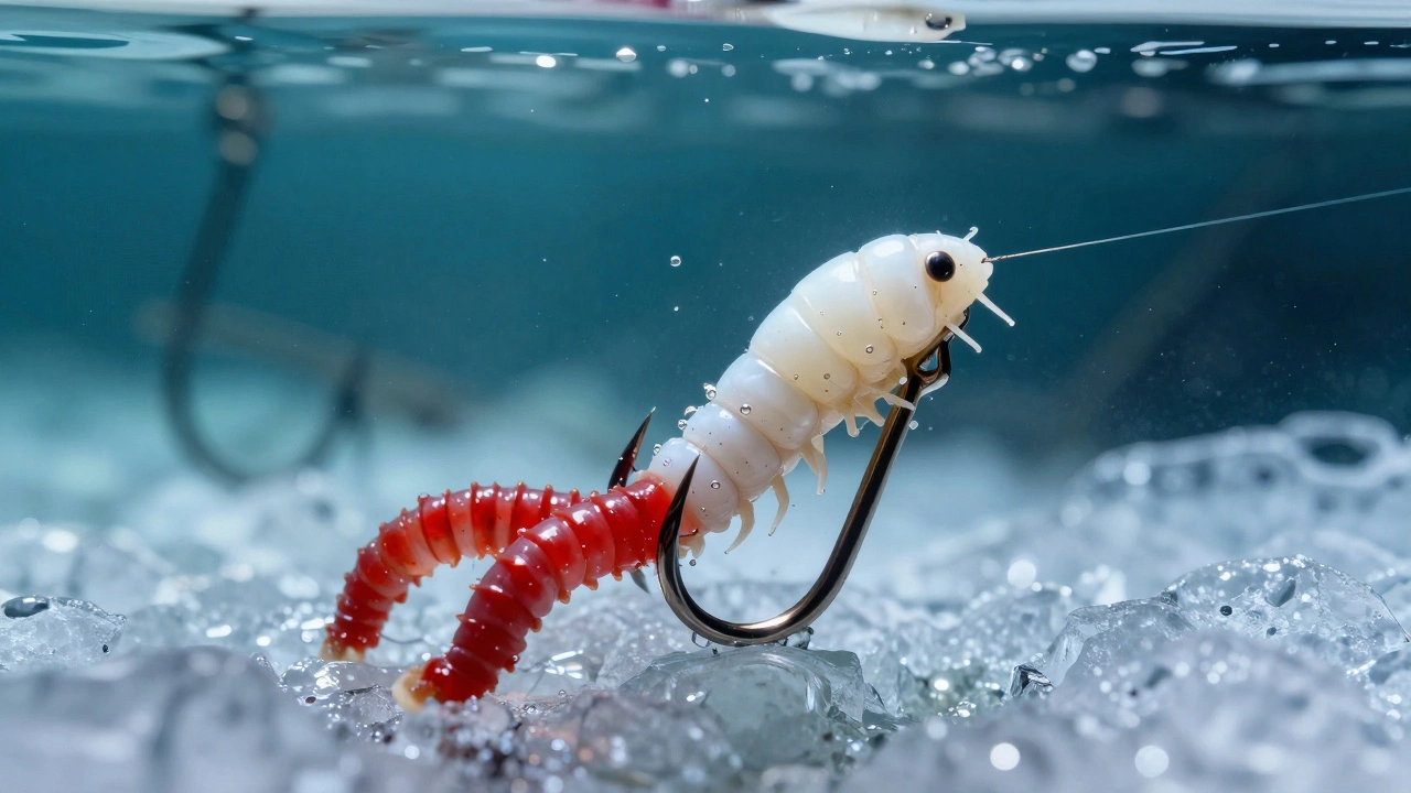 Макроснимок крючка с комбинированной насадкой из мотыля и опарыша в воде