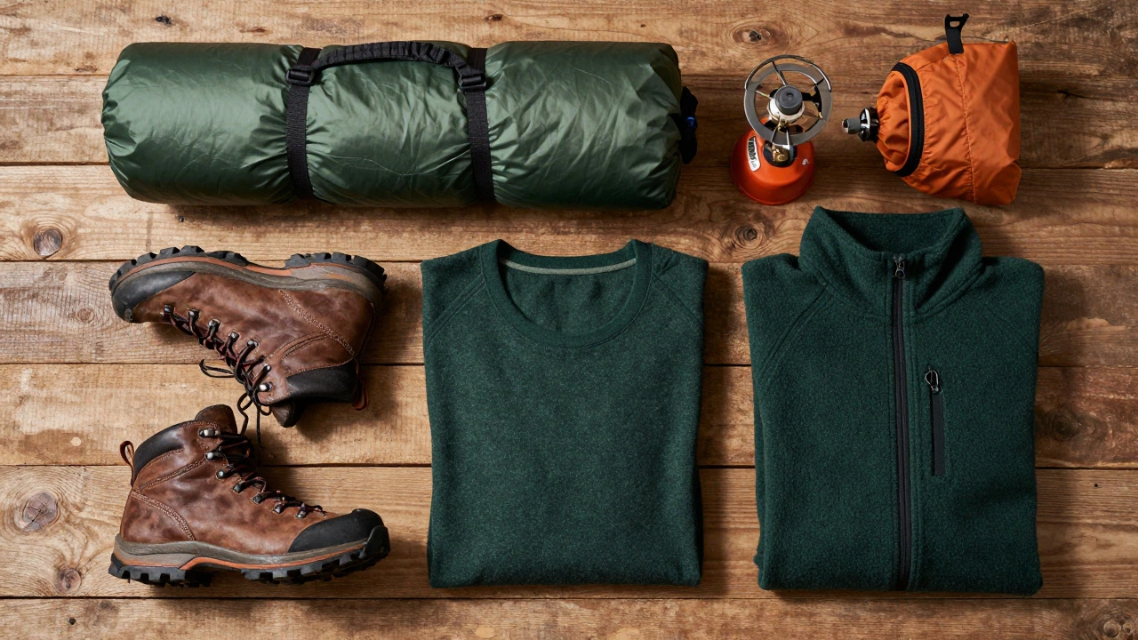 Набор снаряжения для похода: ботинки, палатка, спальник и одежда
