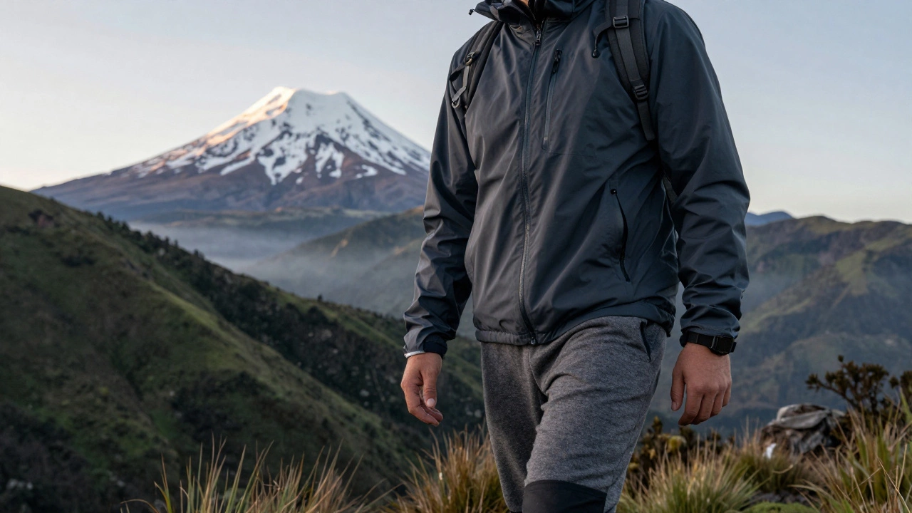 Путешественник в многослойной одежде на фоне заснеженного вулкана Котопахи