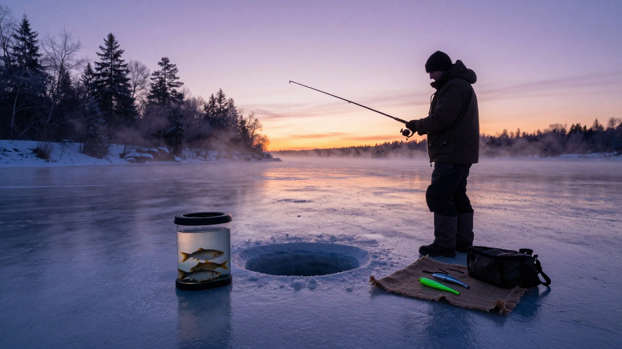 Рыболовное снаряжение и живодер с живцами на льду во время заката