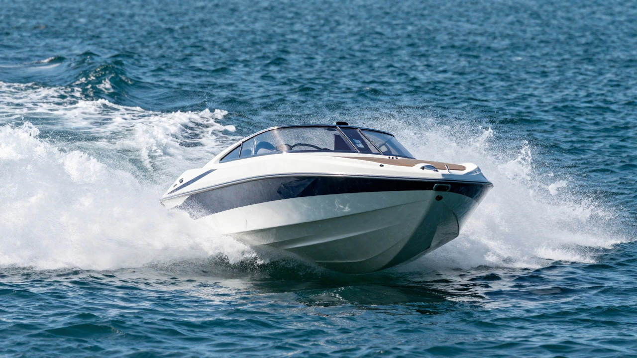 Скоростной катер в режиме глиссирования, скользящий по поверхности синей воды