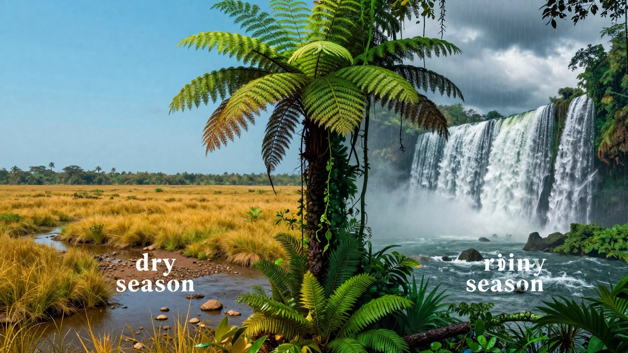 Сравнение сухого сезона с желтой травой и влажного сезона с ярко-зелеными джунглями и водопадом