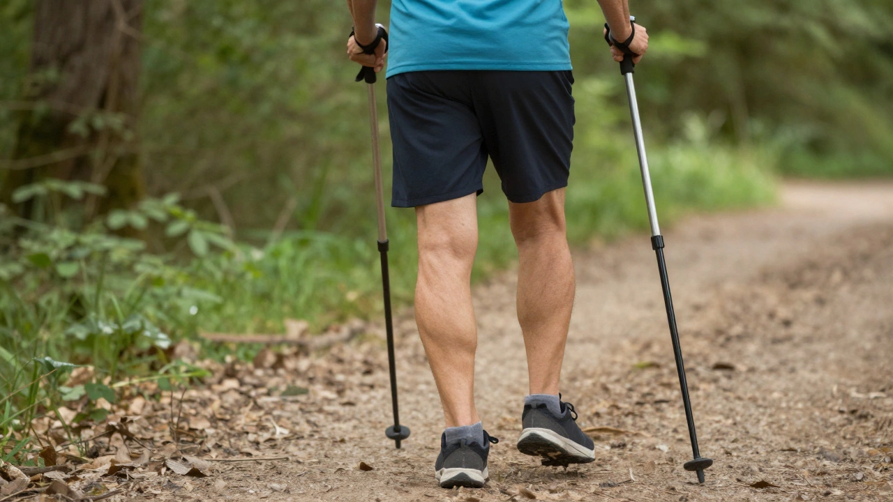Техника скандинавской ходьбы с палками на лесной тропинке