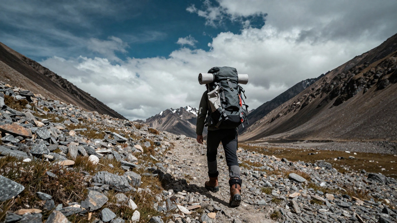 Треккер с большим рюкзаком и палаткой пересекает каменистый горный перевал Алтая