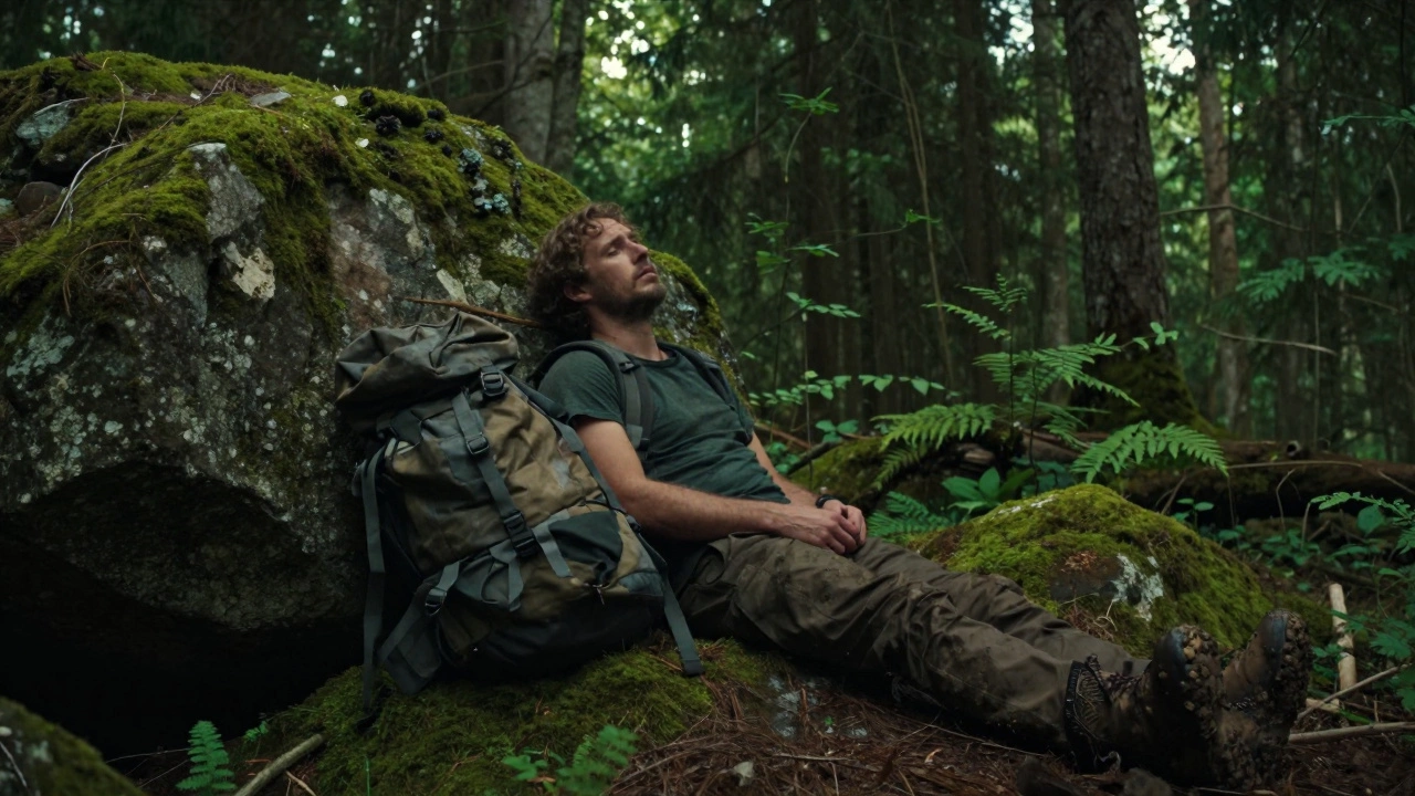 Уставший путешественник с тяжелым рюкзаком в густом северном лесу