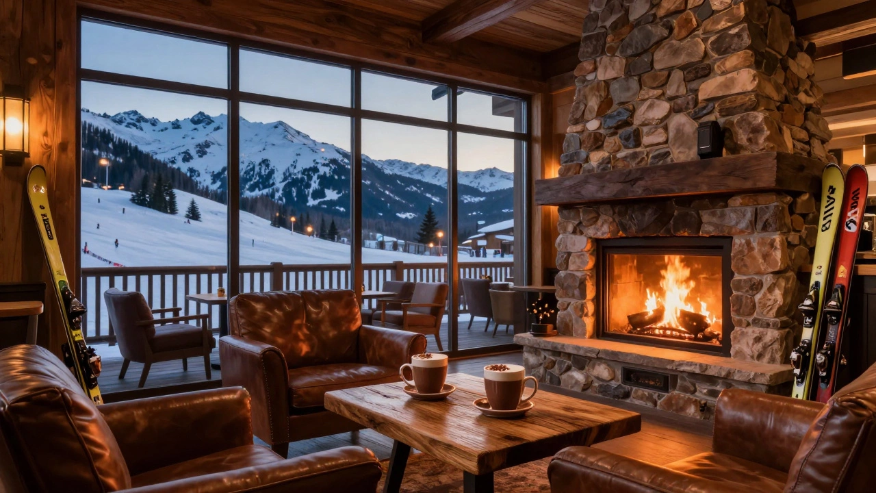 Уютный интерьер горнолыжного отеля с видом на вечерние склоны