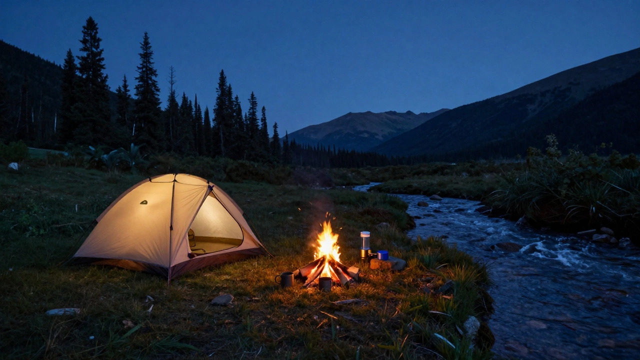 Уютный лагерь с палаткой и костром у лесного ручья в сумерках