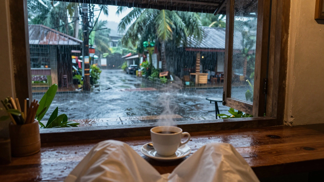 Вид из уютного кафе на сильный тропический ливень за окном с чашкой кофе на столе