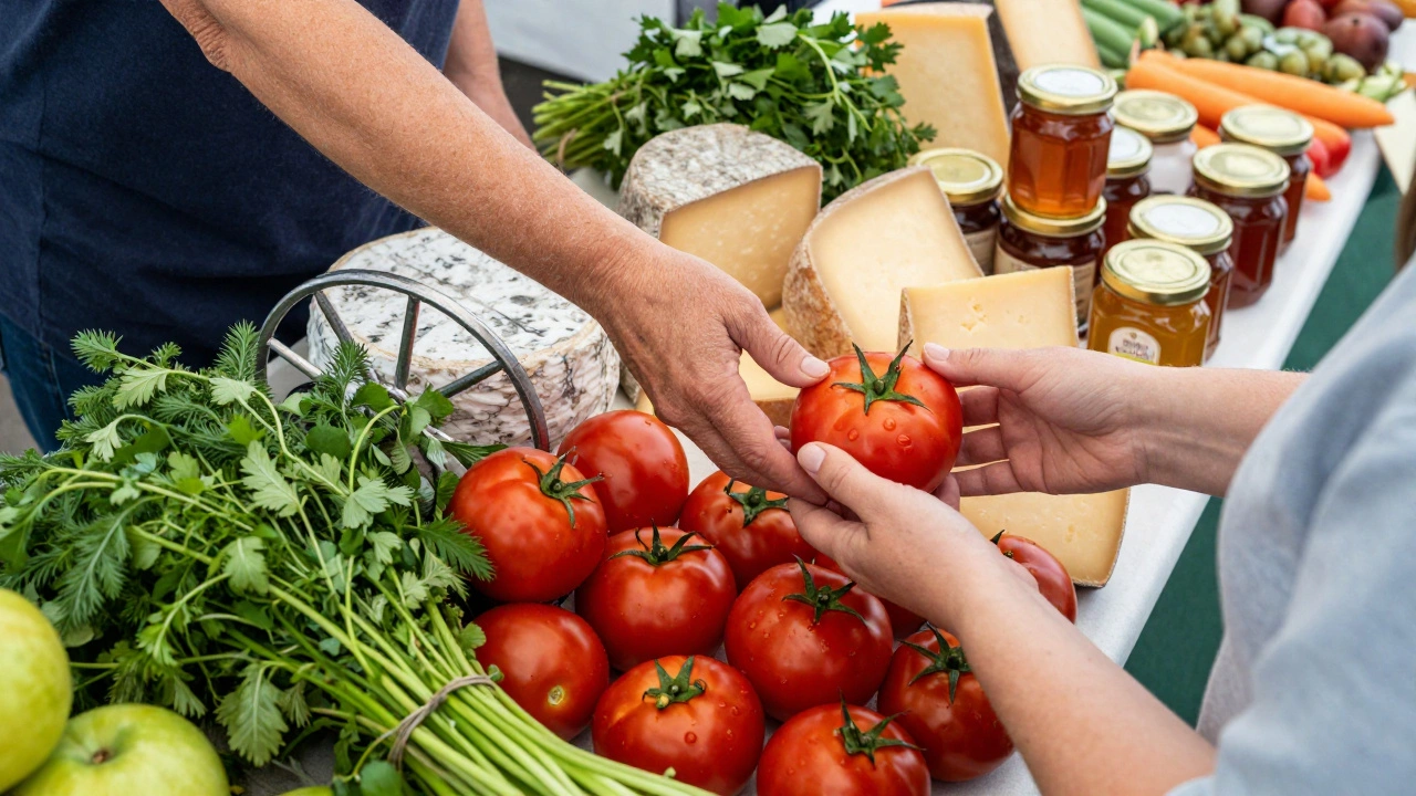 Свежие местные продукты и сыры на фермерском рынке