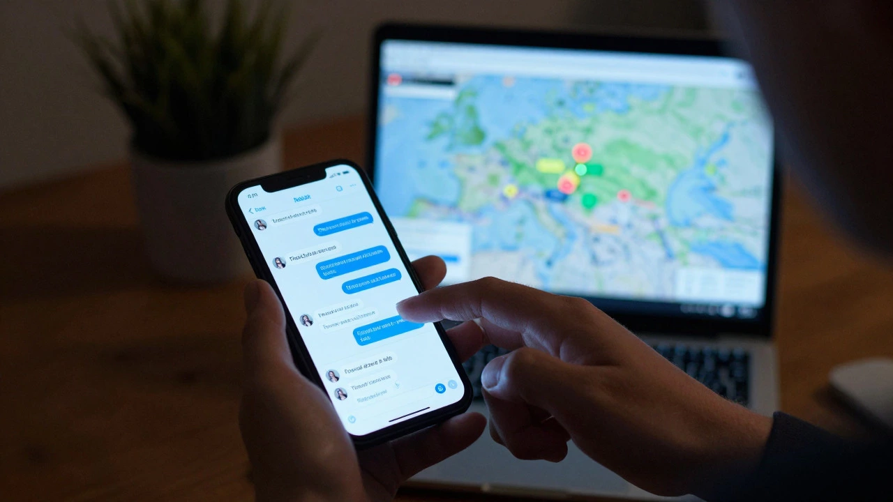 Человек ищет дешевые туры в Telegram на смартфоне ночью