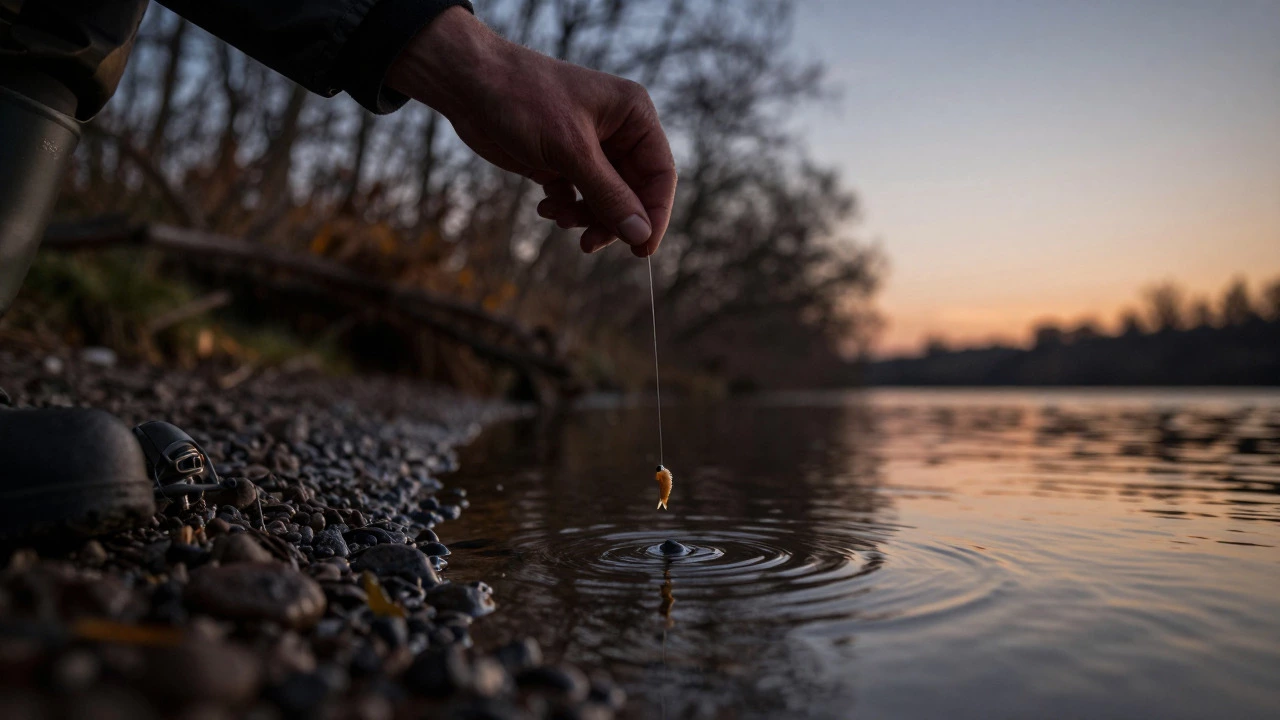 Close-up of a fishing line with bait being lowered into autumn water