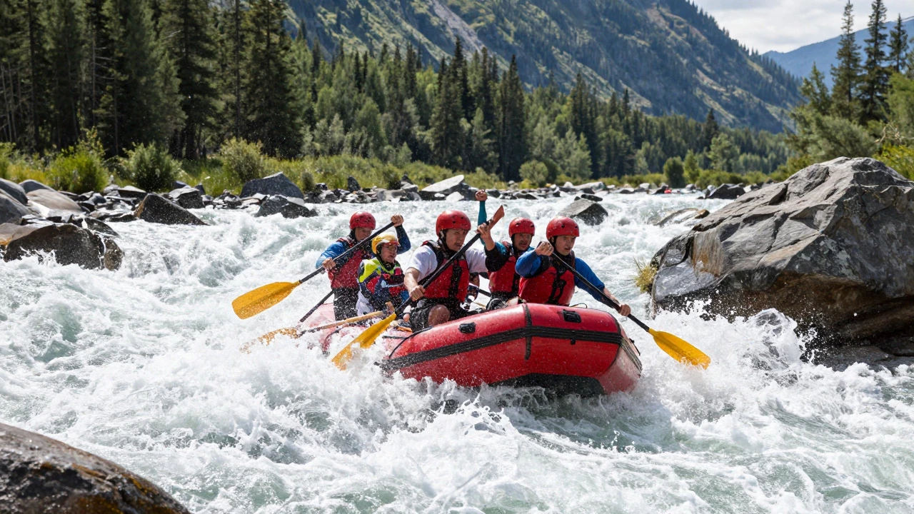 Rafters navigating turbulent whitewater rapids