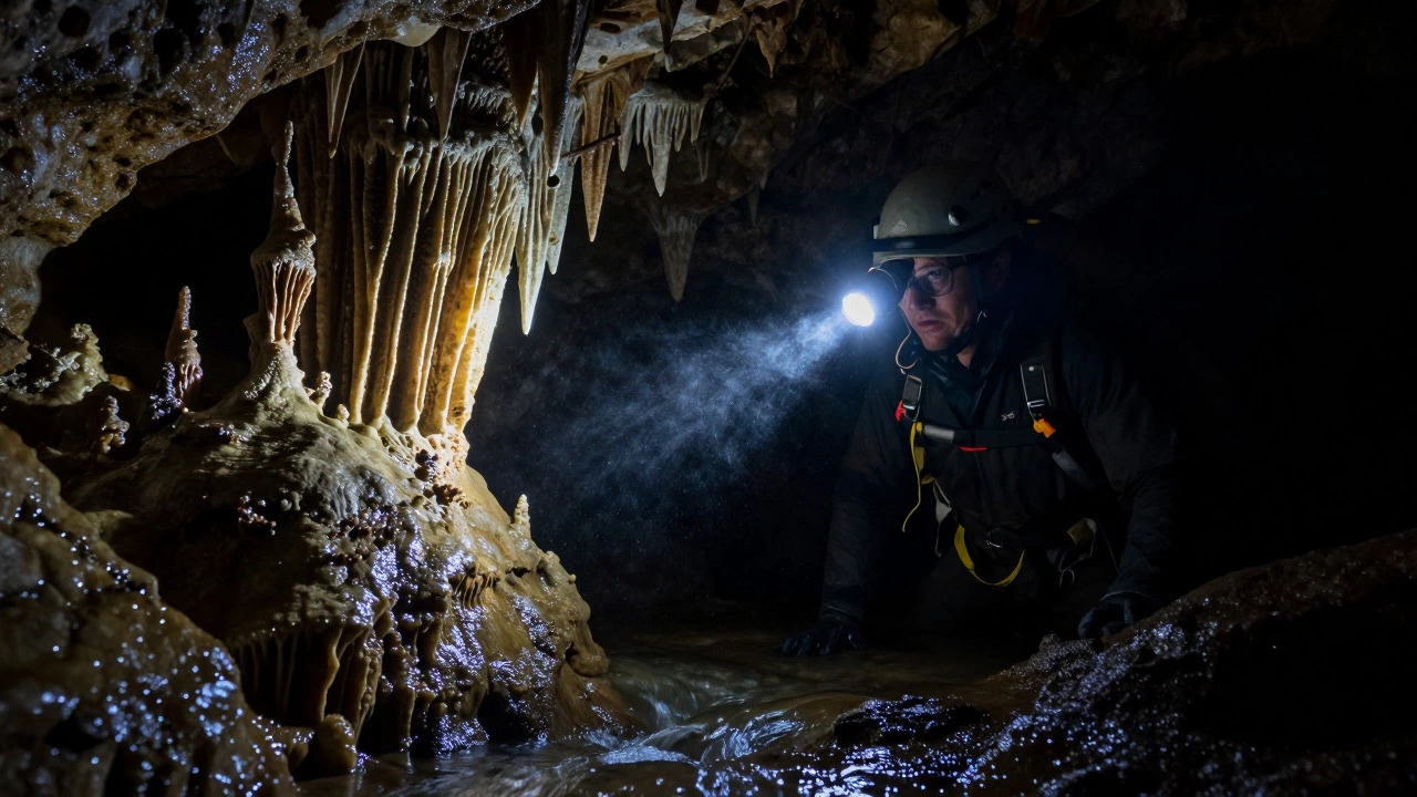 Spelunker exploring a dark cave with headlamp