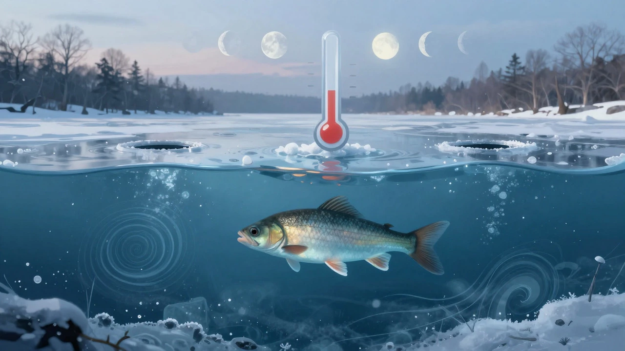 Winter lake with abstract symbols representing weather factors affecting fish