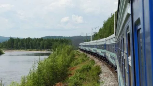 Railway traffic on the new bridge over the Lena River